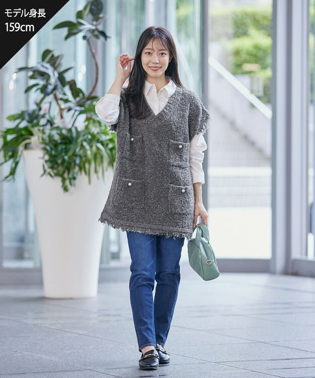 Tiaclasse 【洗える】ツイード見えフリンジニットベスト チャコールグレー