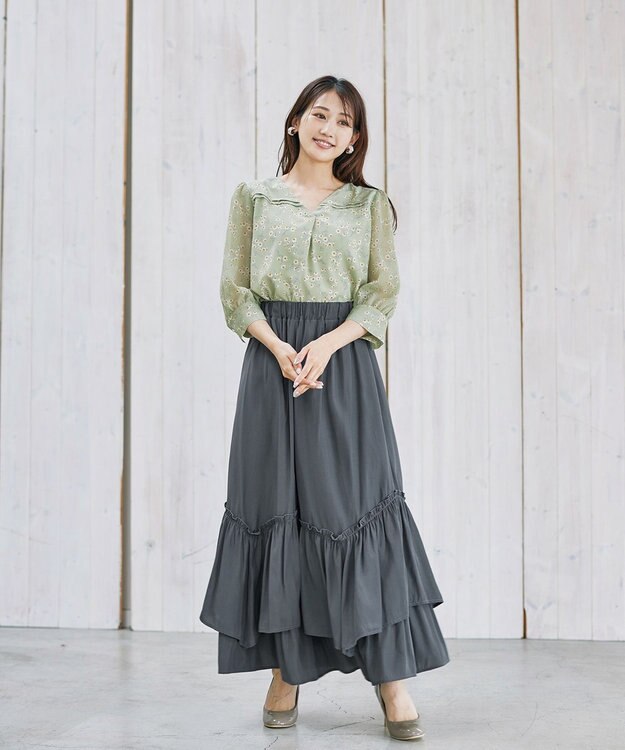 Tiaclasse L 【洗える】花柄Vネックブラウス グリーン