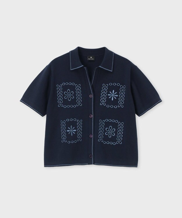 Paul Smith ハンドクラフトエンブロイダリー 半袖ニットシャツ ネイビー