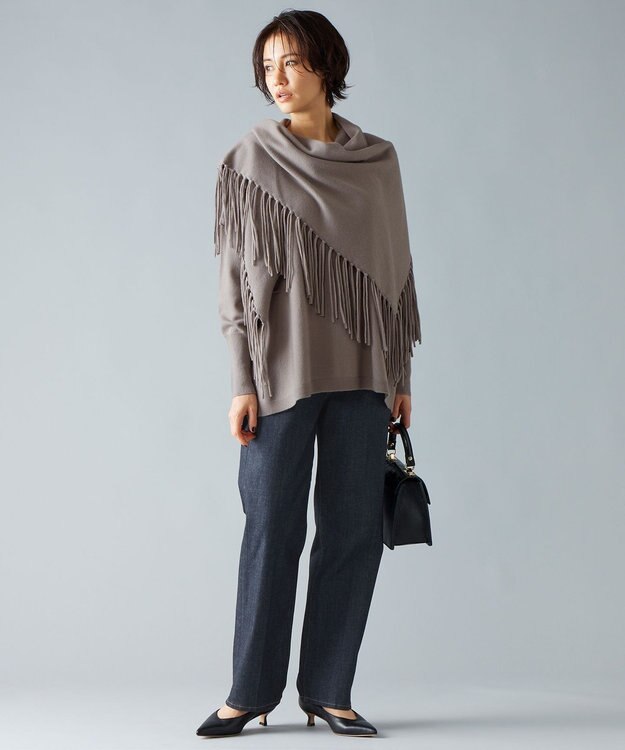 自由区 【洗える】ソフトウールハイゲージフリンジ ストール ライトグレー系