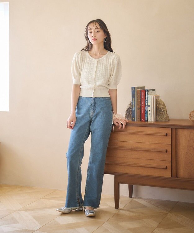 earth music&ecology 透かしケーブルパフスリニットカーディガン Ivory