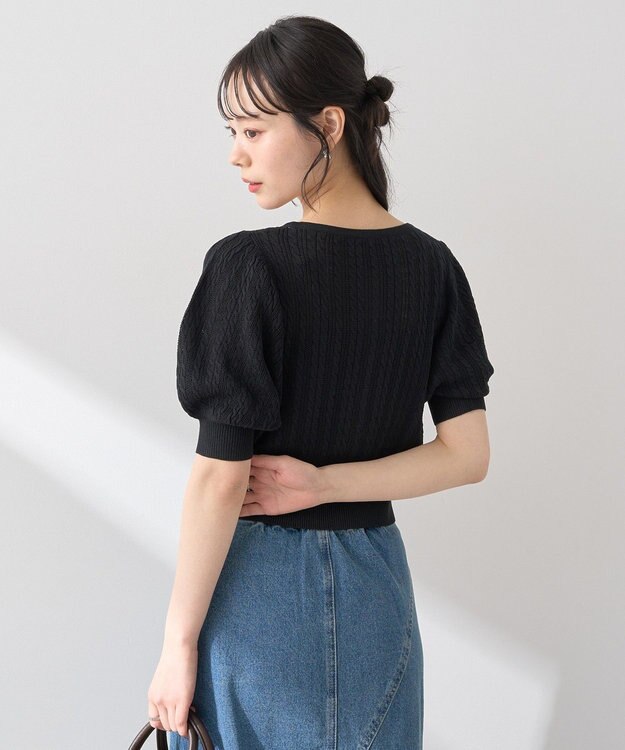 earth music&ecology 透かしケーブルパフスリニットカーディガン Black