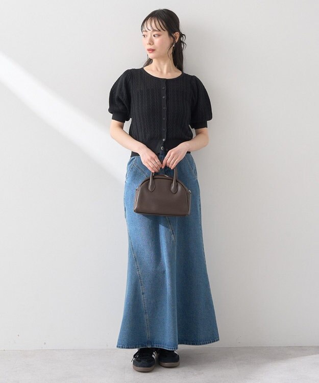 earth music&ecology 透かしケーブルパフスリニットカーディガン Black