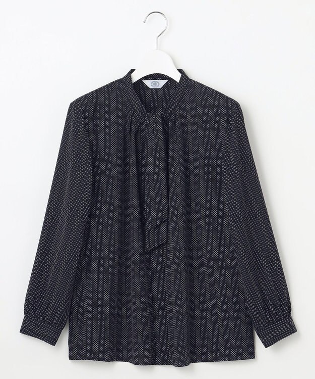 J.PRESS LADIES S 【洗える】ドットデシンプリント ボウタイ バンドカラー ブラウス ネイビー系