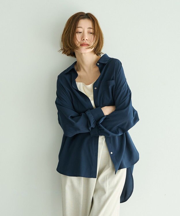YECCA VECCA バックギャザーロングシャツ Navy