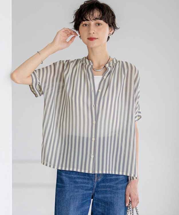 23区 L 【WEB&一部店舗限定/洗える】ストライププリント シフォン ブラウス ライトグレー系