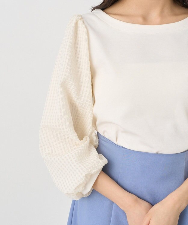 earth music&ecology シアーチェックスリーブプルオーバー Ivory