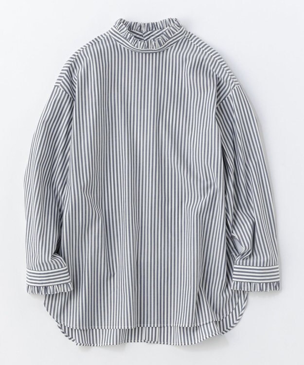 UNFILO イージーケア フリルネック シャツ ネイビーストライプ