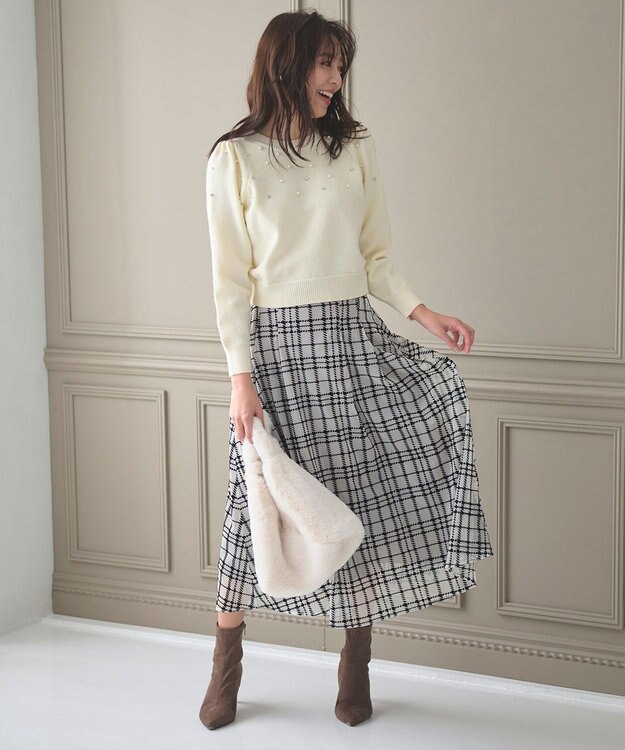 Feroux フロッキーチェック・ドット スカート ベージュ系2