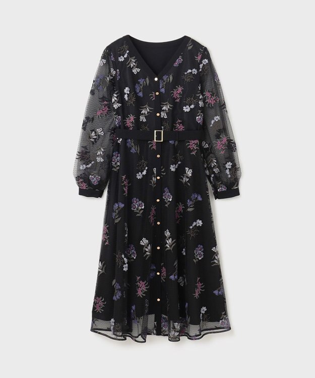 GRACE CONTINENTAL チュールフラワー刺繍ワンピース ブラック