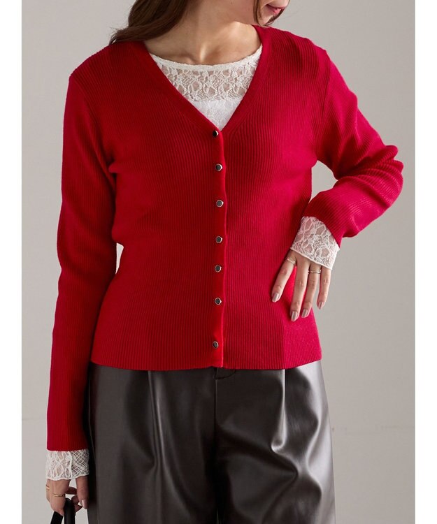 Te chichi ウェーブメタル釦Vネックリブカーディガン レッド