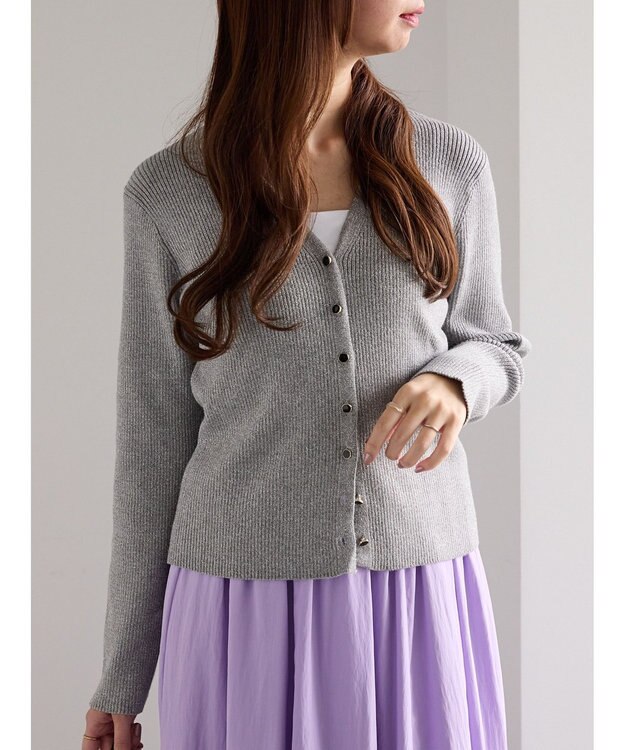 Te chichi ウェーブメタル釦Vネックリブカーディガン シルバー