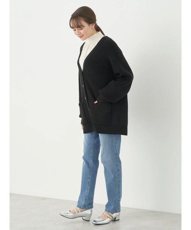 earth music&ecology アンチピリング畦Ｖネックカーディガン Black