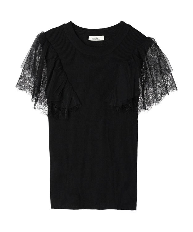 earth music&ecology 袖レースリブニットプルオーバー Black