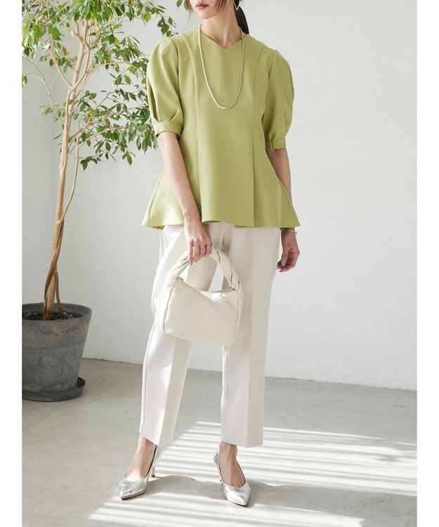 Green Parks AnriettMusee パフスリーブペプラムブラウス Lime Green