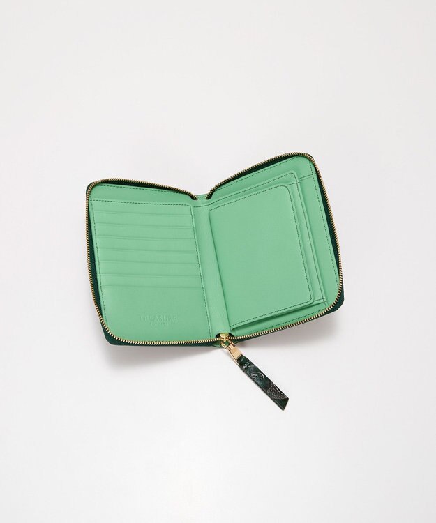TOPKAPI 【TREASURE TOPKAPI】ローズエンボス ツヤ レザー ラウンドファスナー 二つ折り財布/パスポート対応 グリーン