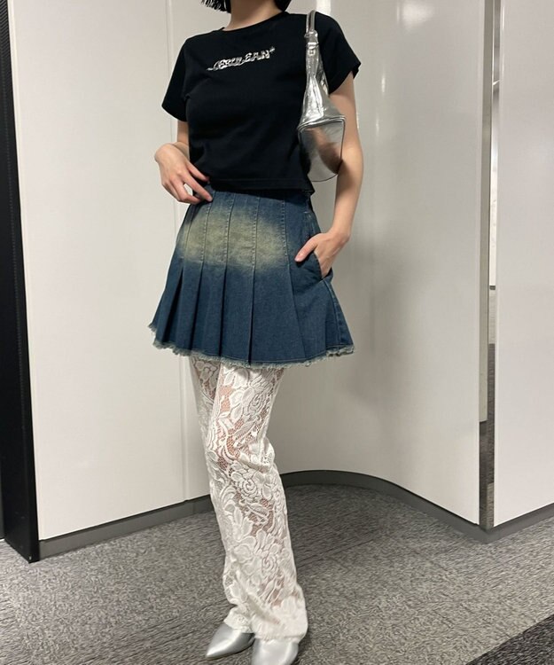 WEGO ヴィンテージウォッシュデニムプリーツスカパン デニム