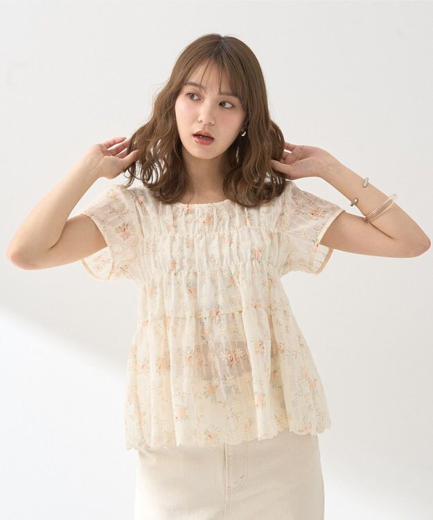 earth music&ecology フラワープリント刺繍ブラウス Pink Orange