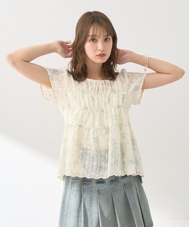 earth music&ecology フラワープリント刺繍ブラウス Blue