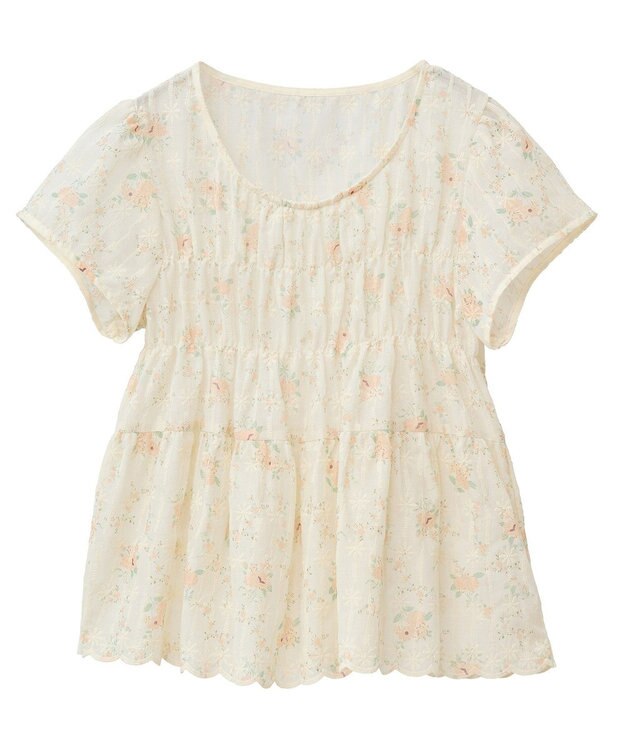 earth music&ecology フラワープリント刺繍ブラウス Pink Orange