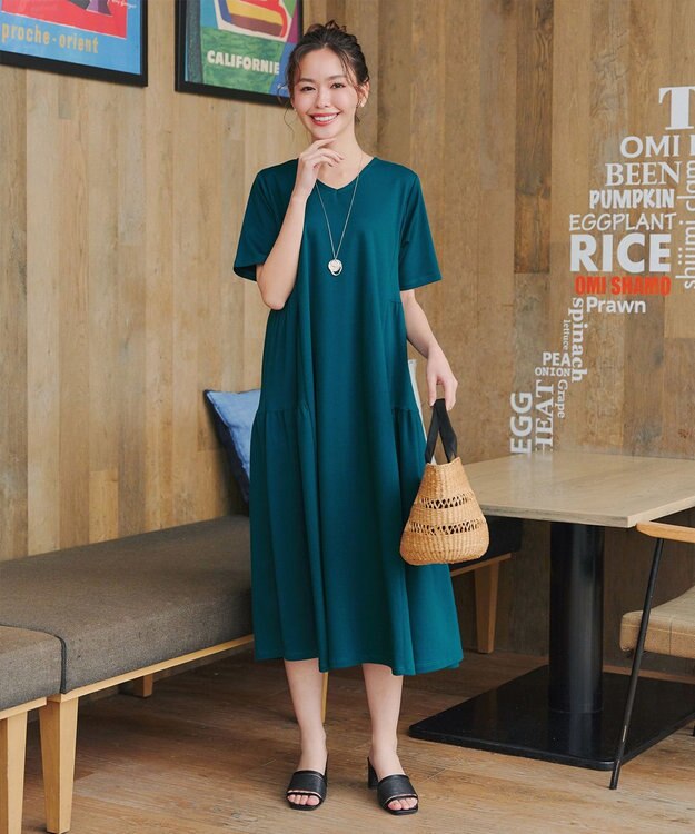 Tiaclasse 【小倉優子さん着用・洗える・接触冷感・汗ジミ防止】“サマさまカットソー”サイドティアードワンピース ターコイズ