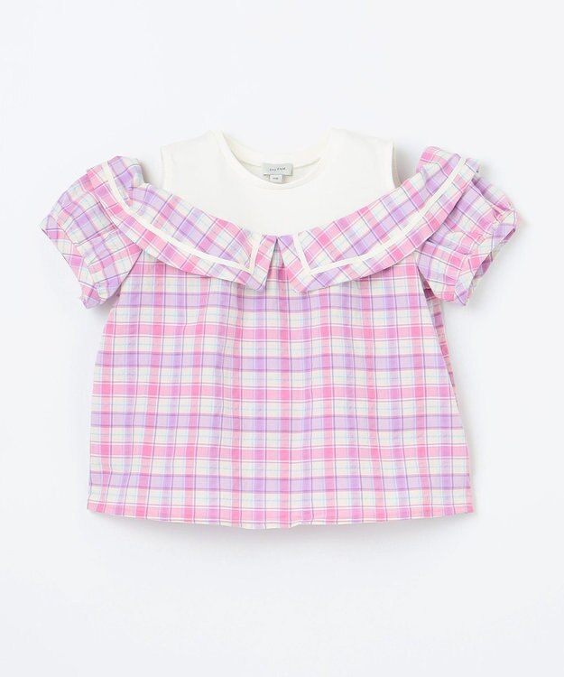 ANY KIDS チェック オフショルダー ブラウス ピンク