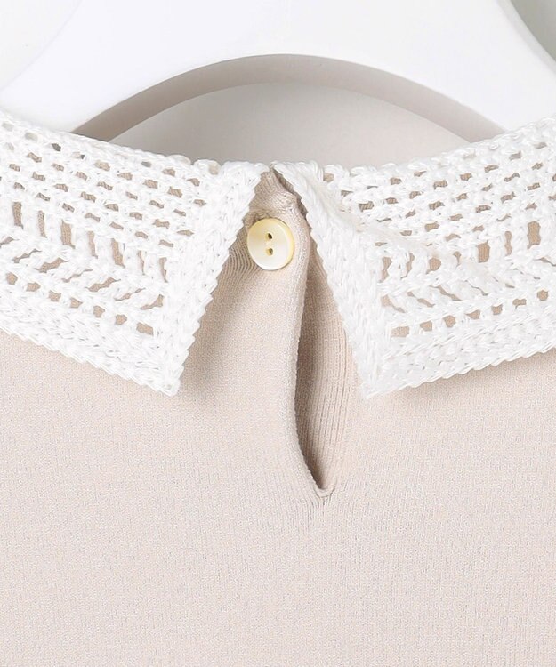 J.PRESS LADIES L レーヨンストレッチ 刺繡襟 ニット ライトベージュ×オフ系
