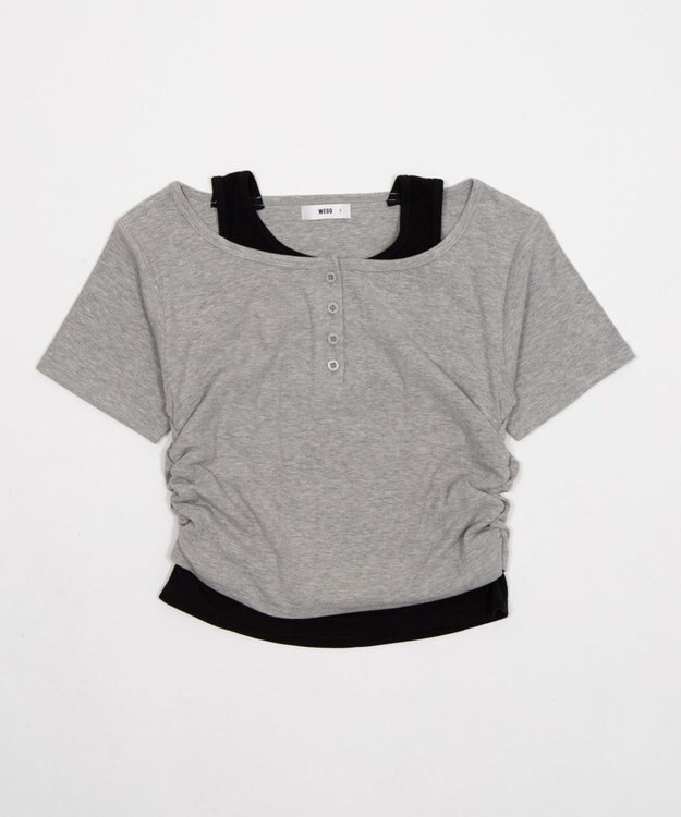 WEGO レイヤードキーネック半袖T 杢グレー