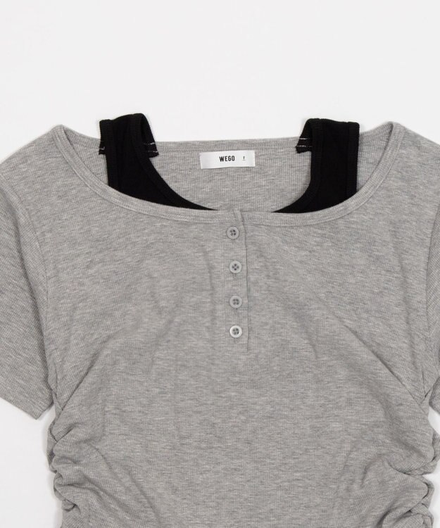 WEGO レイヤードキーネック半袖T 杢グレー