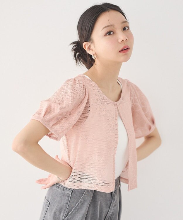 earth music&ecology フラワーコード刺繍カーディガン Pink