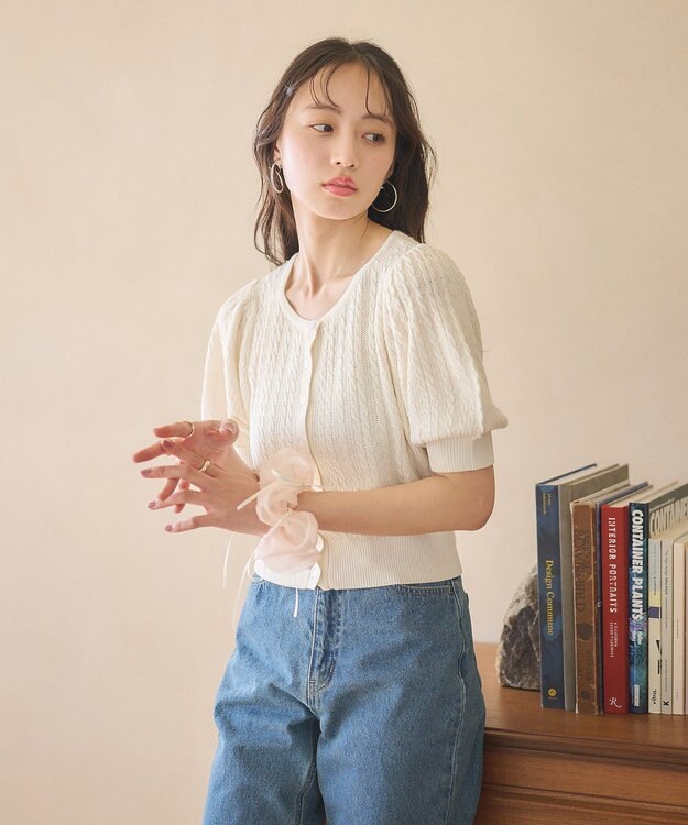 earth music&ecology 透かしケーブルパフスリニットカーディガン Ivory