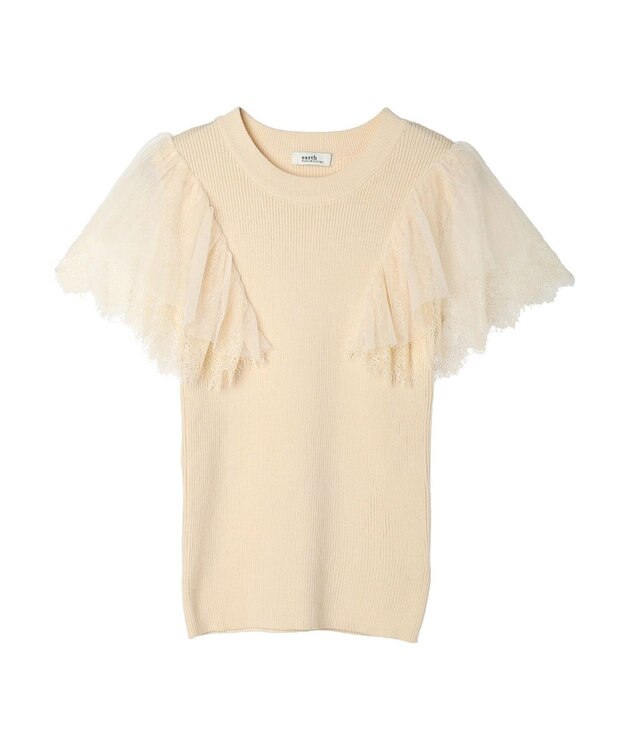 earth music&ecology 袖レースリブニットプルオーバー Light Beige