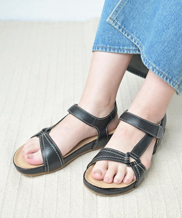 Pointer 天然皮革 本革ストラップサンダル ブラック