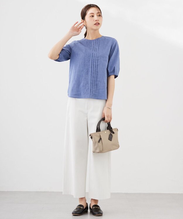 J.PRESS LADIES 【洗える】ラミーポプリン クルーネック ブラウス ブルーシャンブレー系