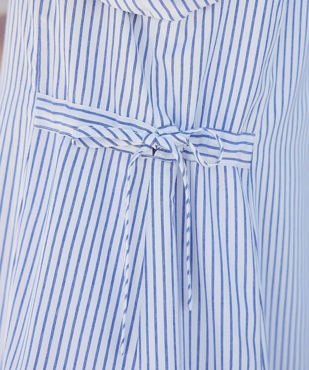 Tiaclasse 【洗える】バルーンスリーブサイドギャザーワンピース ブルーストライプ