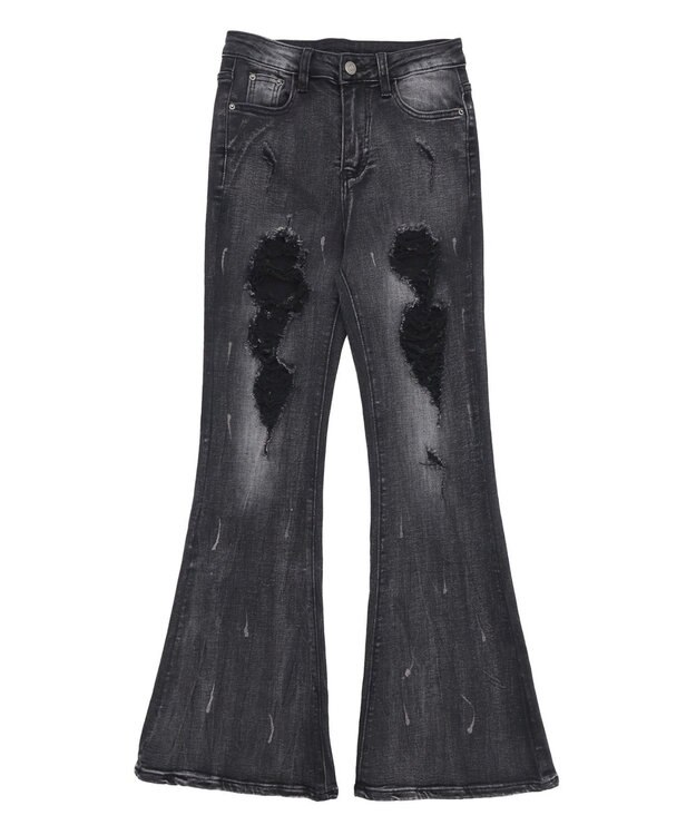 WEGO 【美脚】ダメージフレアデニム ブラック