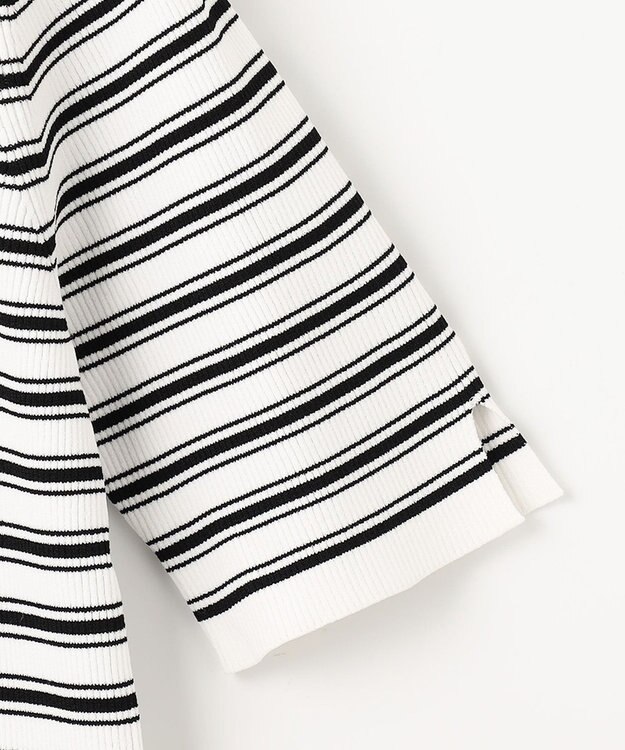 23区 【洗える】レーヨンポリエステルストレッチ 5分袖 ニット オフホワイトxブラックボーダー