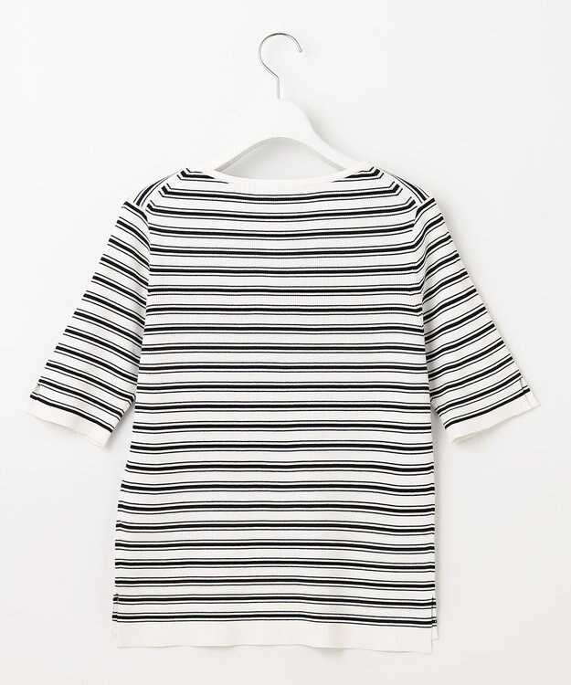 23区 S 【洗える】レーヨンポリエステルストレッチ 5分袖 ニット オフホワイトxブラックボーダー