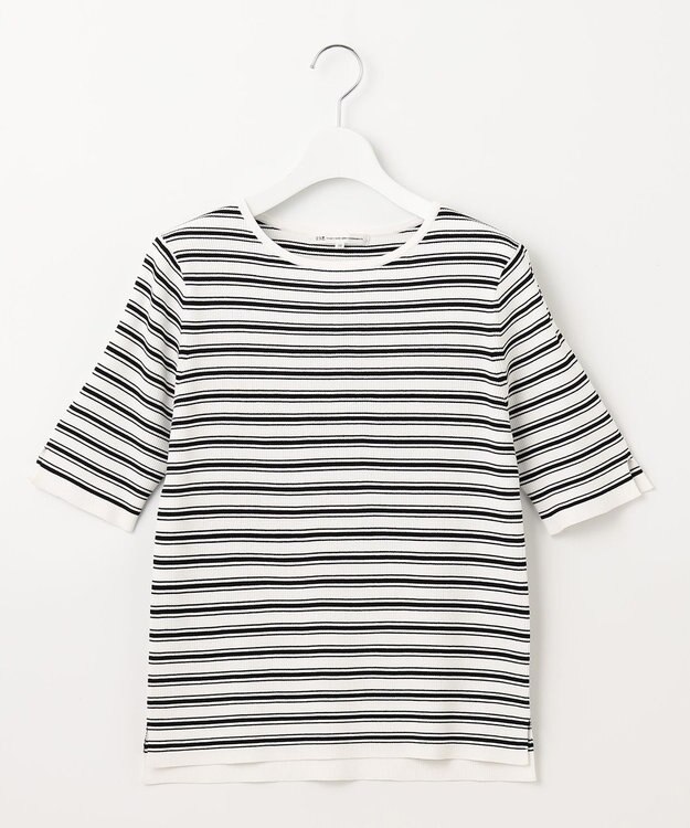 23区 【洗える】レーヨンポリエステルストレッチ 5分袖 ニット オフホワイトxブラックボーダー