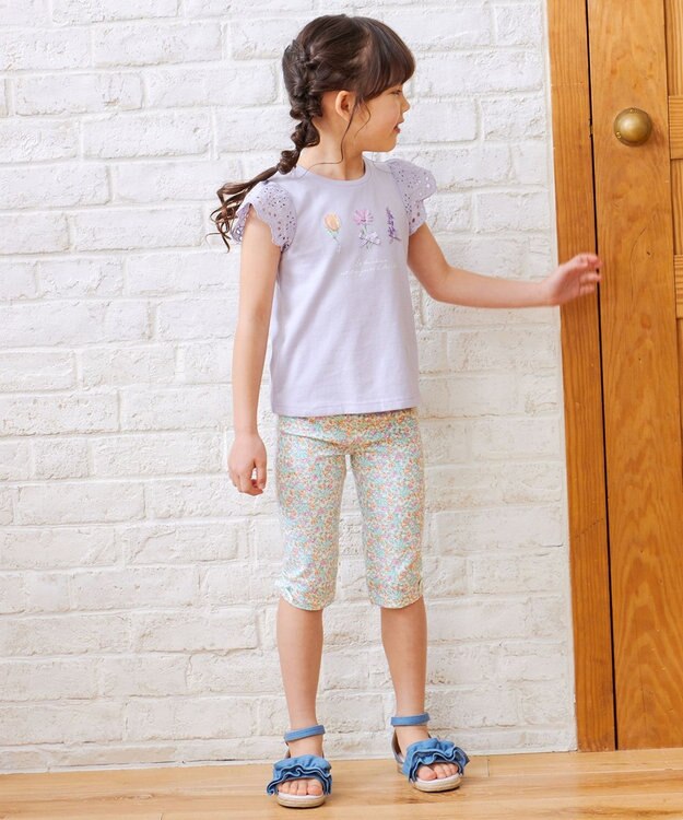 ANY KIDS 裾リボン 5分丈 レギンス 花グリーン