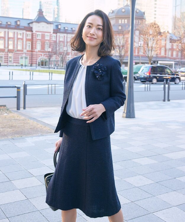 J.PRESS LADIES ファンシーツイード ノーカラー ジャケット ネイビー系