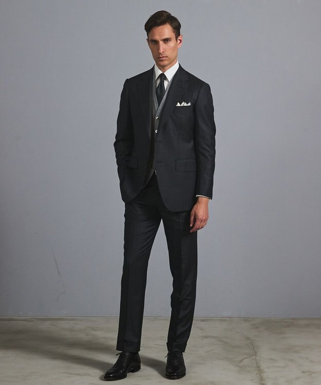 GOTAIRIKU 体温調整に【洗える/チクチクしにくい/ピリングしにくい】イタリア糸 ハイゲージ ベスト_WOOL100% グレー×ヘリンボーン柄(25年新色)