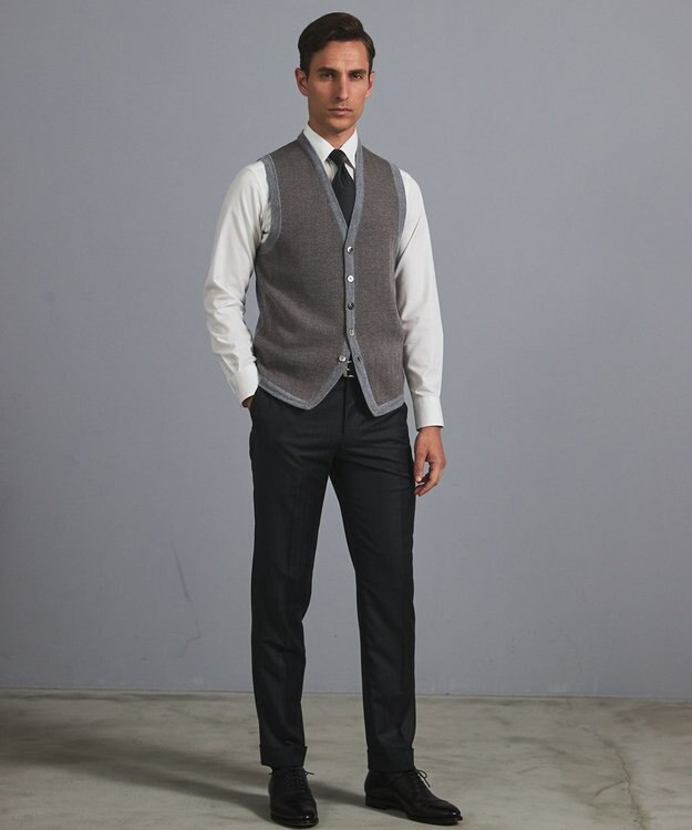 GOTAIRIKU 体温調整に【洗える/チクチクしにくい/ピリングしにくい】イタリア糸 ハイゲージ ベスト_WOOL100% グレー×ヘリンボーン柄(25年新色)