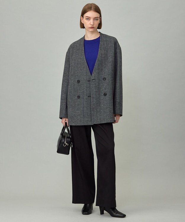 ICB WoolRever ノーカラーショートコート ヘリンボーン系