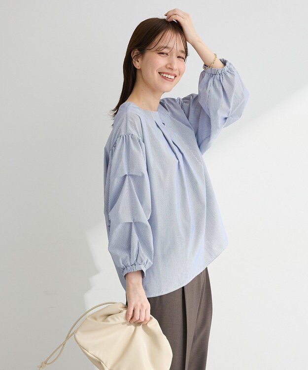 Green Parks イージーケア袖タックブラウス Stripe Blue
