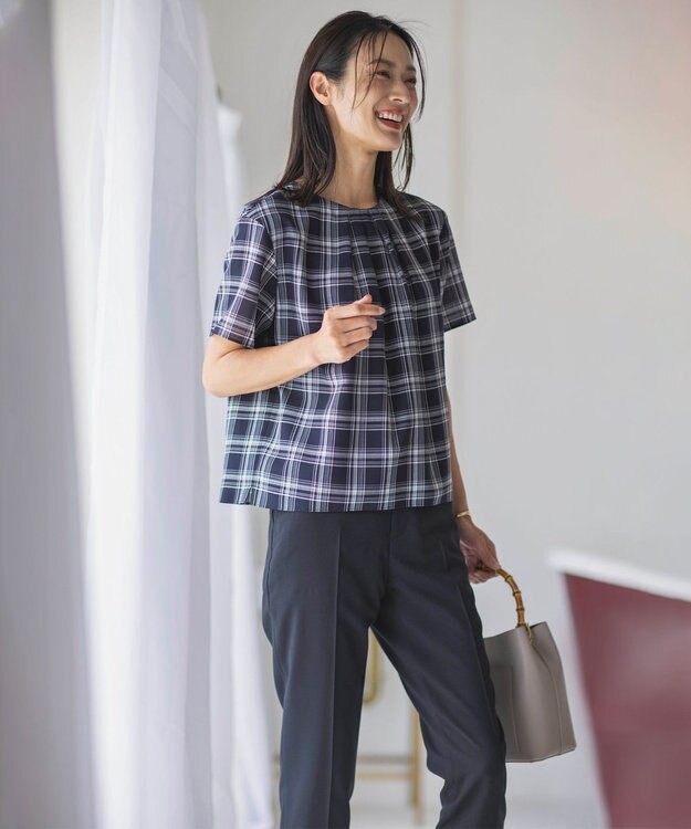 J.PRESS LADIES L シアーストライプ&チェック カットソー ネイビー系3