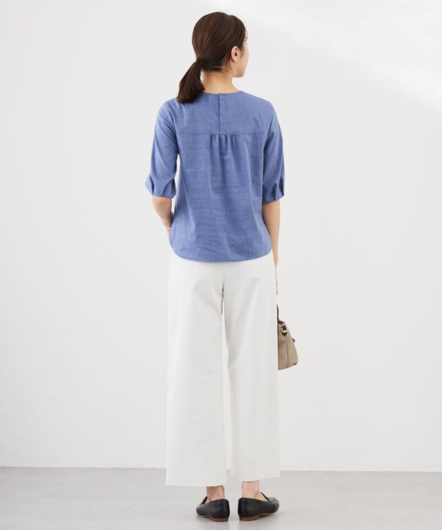 J.PRESS LADIES 【洗える】ラミーポプリン クルーネック ブラウス ブルーシャンブレー系