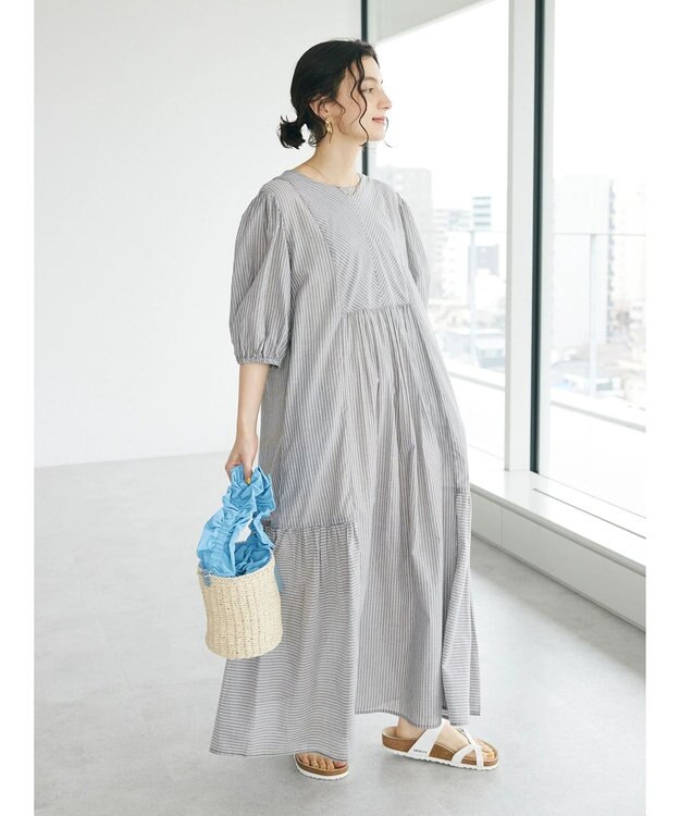 CRAFT STANDARD BOUTIQUE インド綿パフスリーブギャザーワンピース Stripe Gray