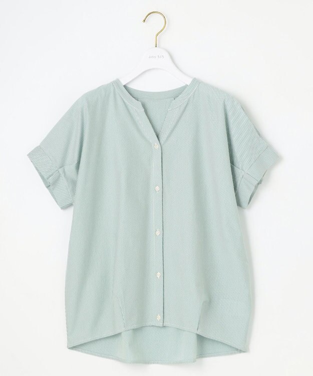 ANY SIS シルケットストライプ スキッパー カットソー グリーンストライプ