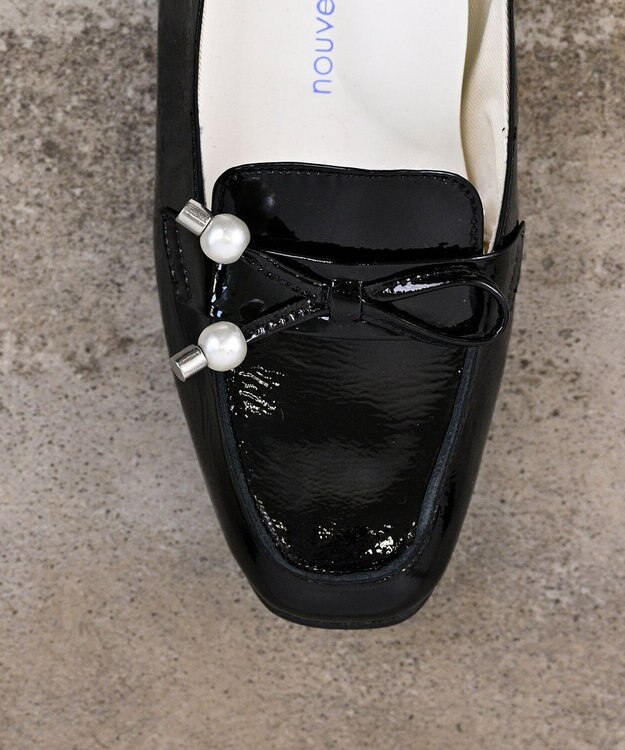 nouvelleRobe Oū 【本革・高反発】Square スクエアトゥ パール付きモカシン ブラックエナメル